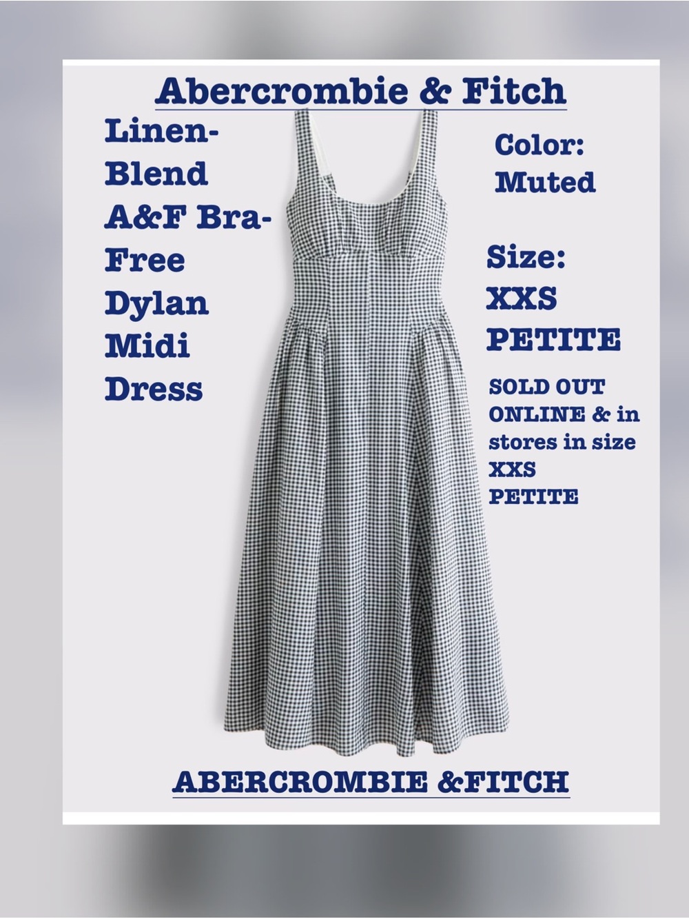 NWT Abercrombie & Fitch Linen-Blend Bra-Free Dylan Midi Dress in Blue Gingham